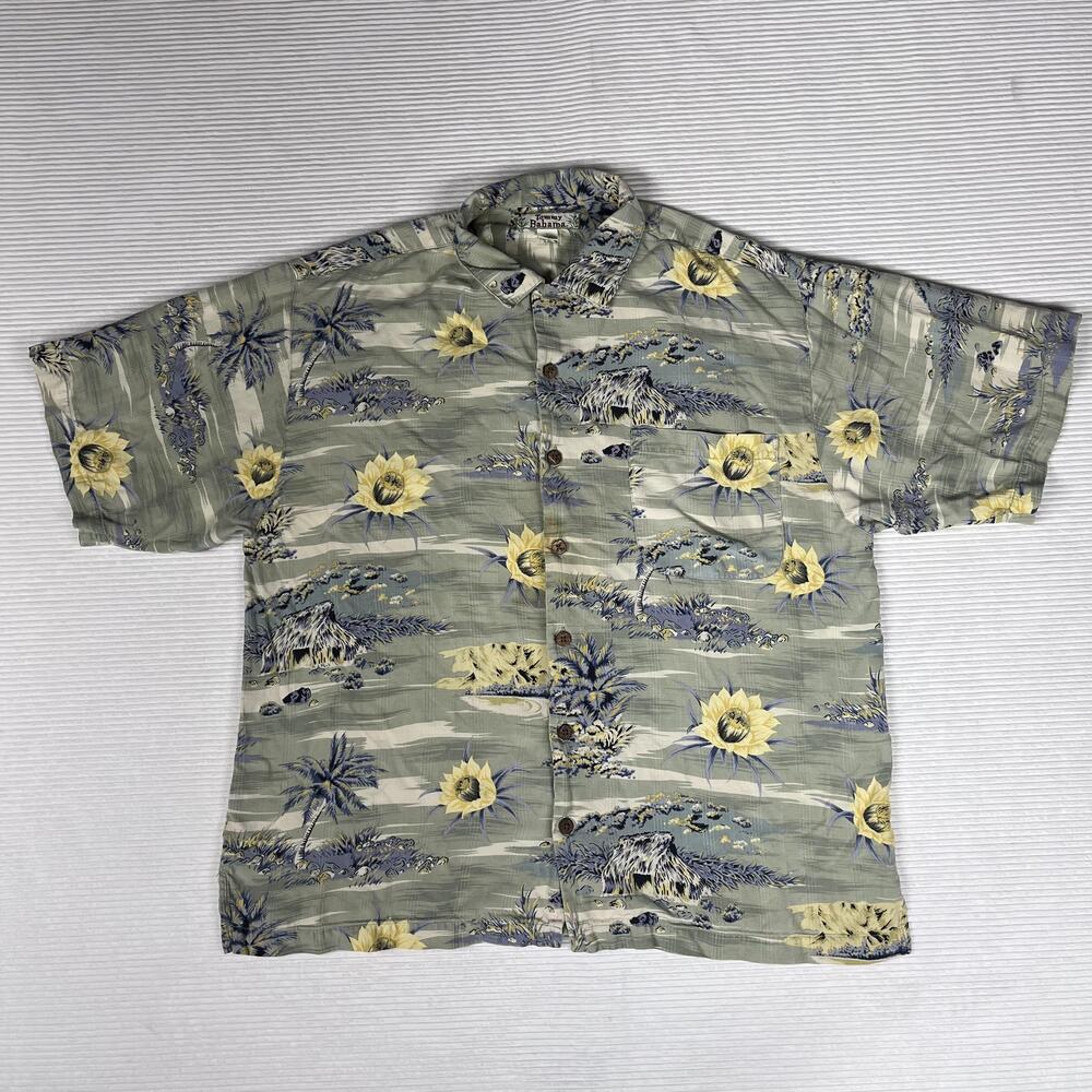 Tommy Bahama Shirt Mens L Green Silk Hawaiian Floral Short Sleeve Button Up